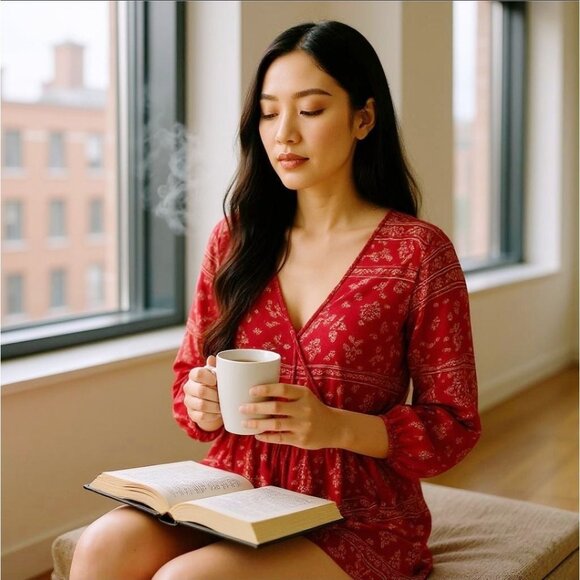 Archaic by Affliction Red Paisley Romper W/ Long Sleeves & V-Neck – M - Picture 8 of 11